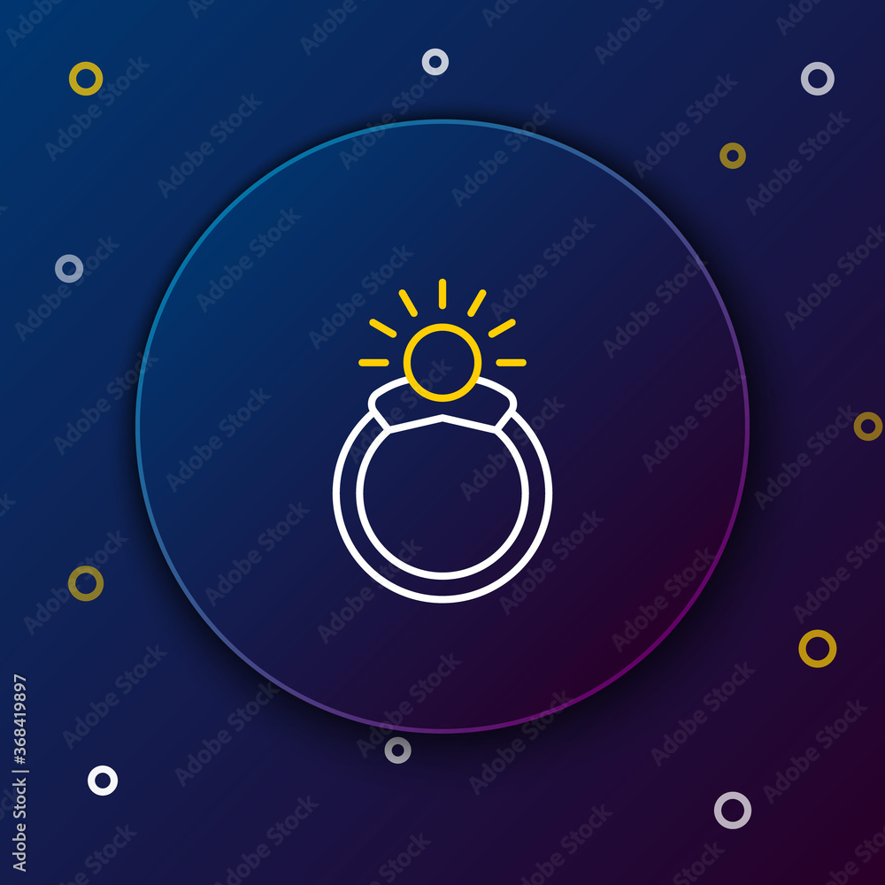 Sticker line fantasy magic stone ring with gem icon isolated on blue background. colorful outline concept. v