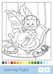 Colorless illustration of a cat in T-shirt, listening to the music in headphones, lying on a cozy pillow next to a plate and a clew. Coloring pages for children. Ready-to-use resources for educators.