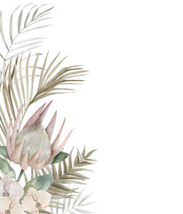 Watercolor tropical leaves  and protea poster. Hand painted exotic flowers and palm green branches composition on white background. Summer vintage plants illustration