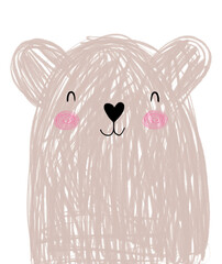 Cute Hand Drawn Vector Illustration with Sweet Dreamy Teddy Bear. Lovely Nursery Art with Funny Big Brown Bear Isolated on a White Background. Kids Room Doodle Decoration.