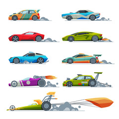Sport Racing Cars Collection, Side View, Fast Motor Racing Bolids Vector Illustration