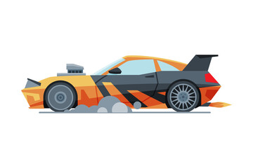 Black and Orange Sport Racing Car, Side View, Fast Motor Racing Bolid Vector Illustration