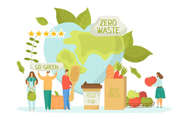 Zero waste for ecology environment, green recycle concept vector illustration. Save earth planet, flat natural clean recycling. Organic reduce and ecological care by friendly people.