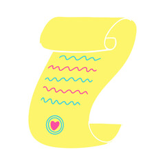 Scroll with a heart shaped stamp. Hand drawn vector illustration isolated on white background. Yellow, turquoise and pink colors. Great for kids design.