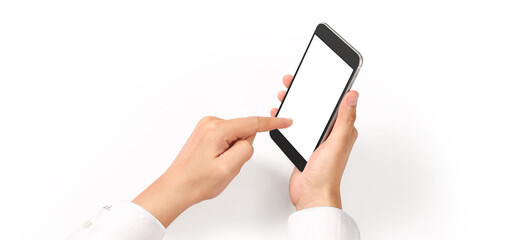 Hand holding smartphone device, touching screen