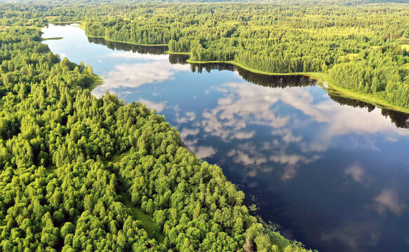 Aerial view of an elongated lake with winding coast and reflection of blue sky and clouds in water in the woods of Valday, Russia
