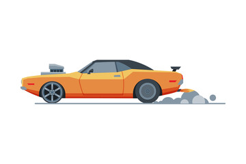 Fototapeta na wymiar Orange Sport Racing Car, Side View, Retro Fast Motor Racing Vehicle Vector Illustration