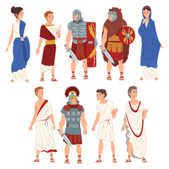 Roman People in Traditional Clothes Collection, Ancient Rome Citizens and Legionnaires Characters Vector Illustration - obrazy, fototapety, plakaty