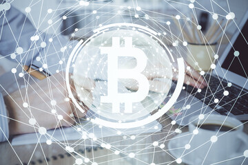 Blockchain theme hud with man working on computer on background. Concept of crypto chain. Double exposure.