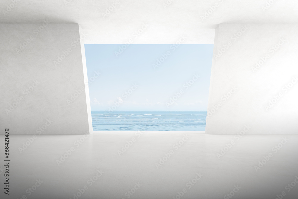 Poster abstract architecture space, interior with concrete wall on sea background. 3d render.