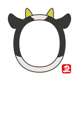 ウシの顔のフォトフレーム年賀状テンプレート（文字なし）