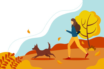 Woman running with the dog in the Park. The concept of an active lifestyle. Cute autumn illustration in flat style.