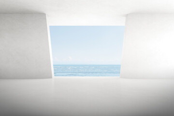 Abstract architecture space, Interior with concrete wall on sea background. 3d render.	
