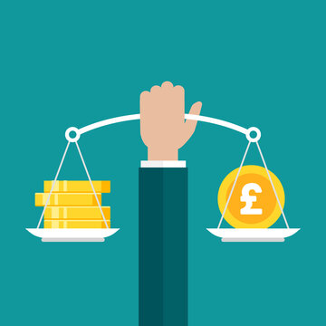 Businessman Hand Holds White Mechanical Scales With Gold Pound Sterling Coin And Stack Of Coins In Pans.