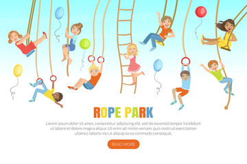 Rope Park Landing Page Template, Happy Children Swinging on Ropes Web Page, Mobile App, Homepage Vector Illustration