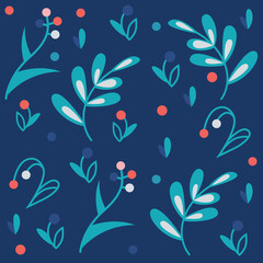 Fototapeta na wymiar Vector pattern. Drawn abstraction berries and leaves on a blue background.