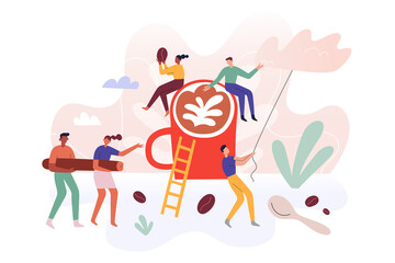 Tiny people team making coffee at coffeehouse, little humans teamwork, men and women, miniature characters carrying coffee beans, making milk foam, vector illustration, poster for cafe, modern concept