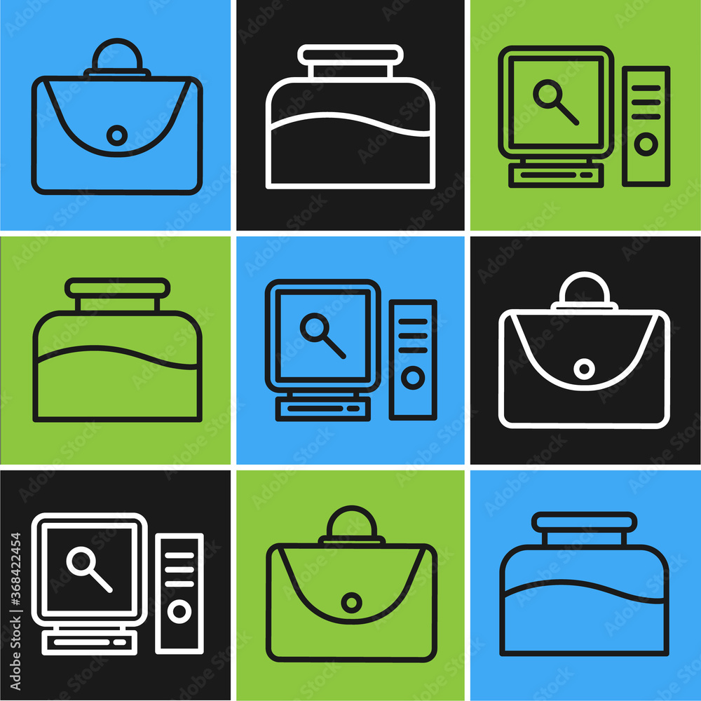 Poster set line briefcase, search on computer screen and inkwell icon. vector.