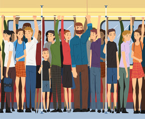 Different People Standing Inside Crowded Subway, Passengers Using Modern City Public Transport Vector Illustration