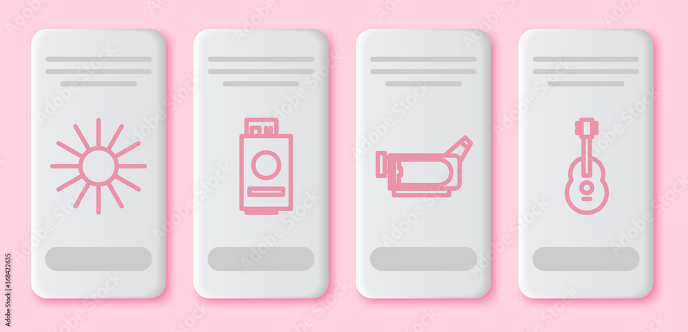 Sticker Set line Sun, Passport with ticket, Cinema camera and Guitar. White rectangle button. Vector.