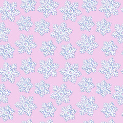 White snowflakes with a blue shadow on a pink background. Vector seamless pattern for festive design, Christmas wallpaper, banner, packaging, wrapper, wrapping paper, printing on fabric and textile