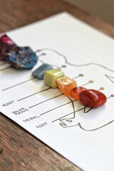 Macro shot of all chakra chart with corresponding colors and crystals. Meditating human silhouette with amethyst, peacock ore, angelite, serpentine, orange calcite, carnelian, red jasper. Vertical