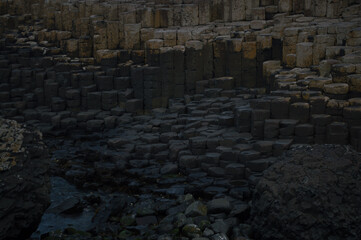 The Giant's Causeway in Northern Ireland, hexagonal rocks on the coast.