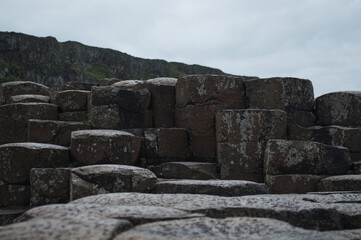 The Giant's Causeway in Northern Ireland, hexagonal rocks on the coast.