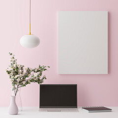 Computer mockup pink background on table. Laptop with Black screen..3d rendering