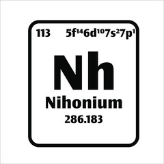 Nihonium (Nh) button on black and white background on the periodic table of elements with atomic number or a chemistry science concept or experiment.	