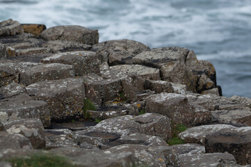 The Giant's Causeway in Northern Ireland, hexagonal rocks on the coast.