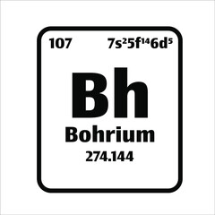 Bohrium (Bh) button on black and white background on the periodic table of elements with atomic number or a chemistry science concept or experiment.	