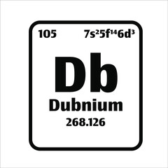 Dubnium (Db) button on black and white background on the periodic table of elements with atomic number or a chemistry science concept or experiment.	