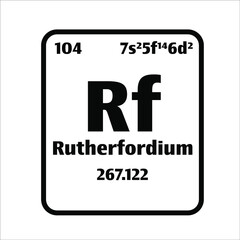 Rutherfordium (Rf) button on black and white background on the periodic table of elements with atomic number or a chemistry science concept or experiment.	