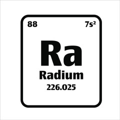 Radium (Ra) button on black and white background on the periodic table of elements with atomic number or a chemistry science concept or experiment.	