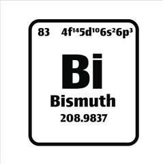 Bismuth (Bi) button on black and white background on the periodic table of elements with atomic number or a chemistry science concept or experiment.	