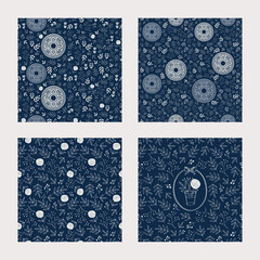 Seamless pretty indigo patterns with decorative flowers and leaves. Floral dark and bright backgrounds for textile, fabric manufacturing, wallpaper, covers, surface, print, gift wrap, scrapbooking.