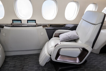 Business jet plane modern interior cabin.