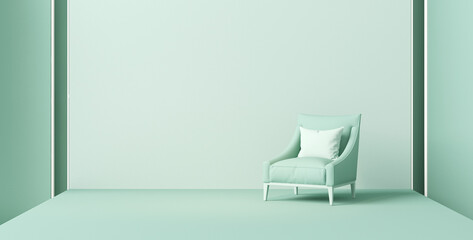 Single isolated couch, seat in flat monochrome blue, green color background. Single color composition. Trendy 3d render for social media, promotion, presentation, picture frame. Stage for fashion