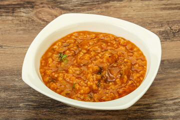 Traditional Georgian Kharcho soup with meat