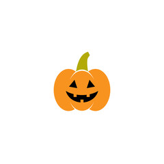 Pumpkin Icon with green stem and evil face. Orange gourd label.