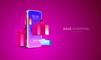 Sale Shopping online internet theme. Mobile display smartphone and box, hand. Red background illustration