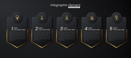 Dark gold elegant infographic 3d vector template with a steps for success. Presentation with line elements icons. Business concept design can be used for web, brochure, diagram, chart or banner layout