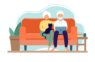 Old couple Stay at home. Senior Man and woman sitting on sofa with laptop. Pensioners with cat. Elderly people during coronavirus outbreak concept. Vector Illustration in flat style