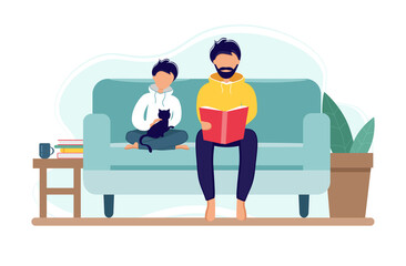 Stay home during the coronavirus epidemic. Dad reading for his son on the couch. Family sitting on the sofa with book. Vector illustration in flat style for father's day. Self-isolation.