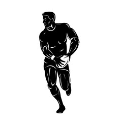 Fototapeta premium Rugby Player Running Passing Ball Viewed from Front Retro Woodcut Black and White