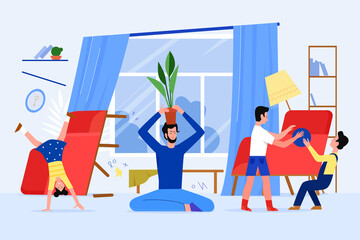 Father family time with children at home vector illustration. Cartoon flat dad character relaxing and keeping calm, doing yoga in lotus asana, while naughty kids playing, happy fatherhood background