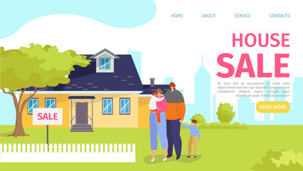 Obraz na płótnie Canvas Home property sale, family near house building vector illustration. Flat real estate purchase, cartoon banner with people character. Residential sell business landing page, internet website.
