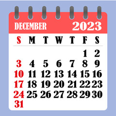 Letter calendar for December 2023. The week begins on Sunday. Time, planning and schedule concept. Flat design. Removable calendar for the month. Vector