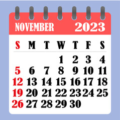 Letter calendar for November 2023. The week begins on Sunday. Time, planning and schedule concept. Flat design. Removable calendar for the month. Vector